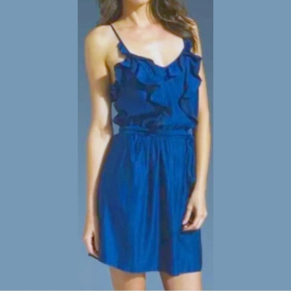 rebecca taylor blue satin ruffle belted mini dress